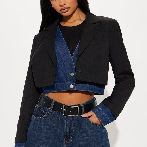 Fashion Nova Jackets & Blazers - Fashion Nova JORDAN Mixed Media Denim Jacket Cropped Blazer